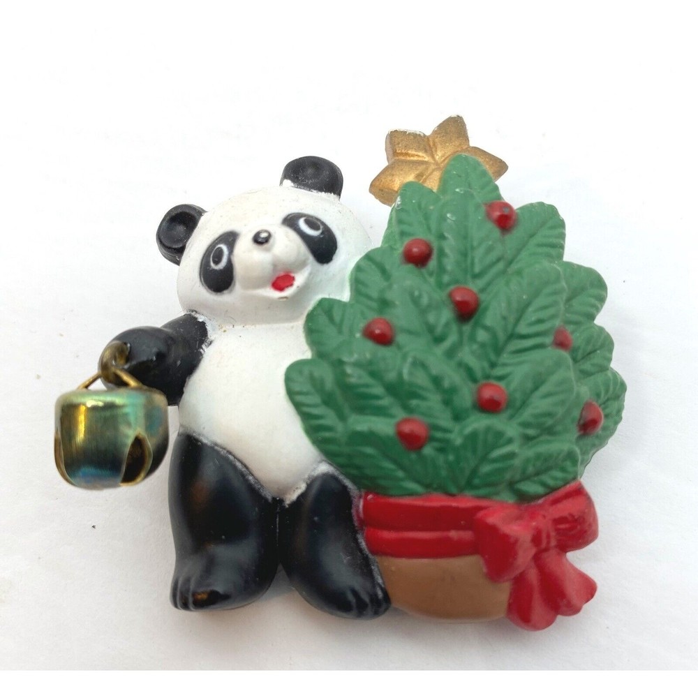 Vintage Panda Bear And Christmas Tree Brooch Pin